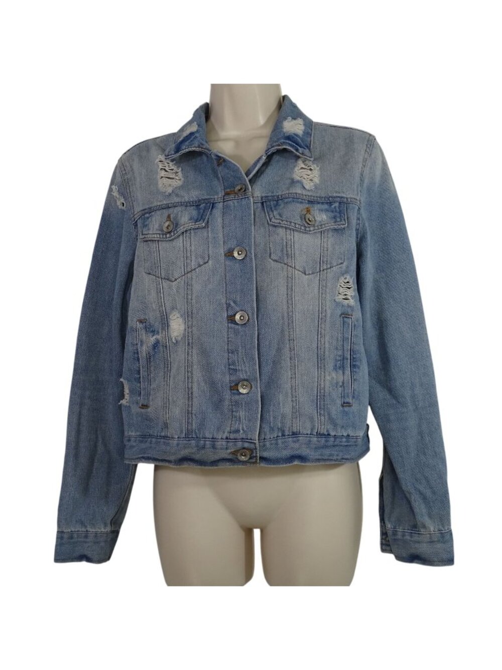 Ci Sono Distressed Ripped Denim Jacket Women Size M Blue Light Wash Long Sleeve